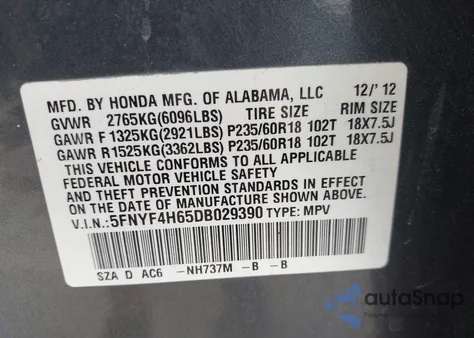 2013 Honda Pilot Ex-L из США, поврежденный, VIN 5FNYF4H65DB029390